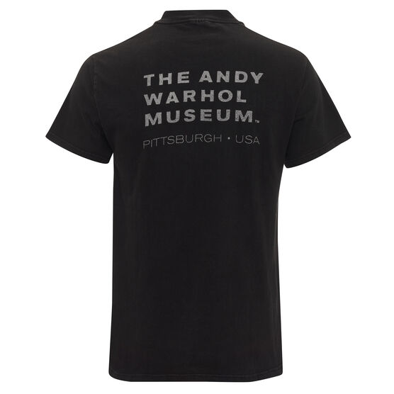 Black t-shirt back with Andy Warhol museum Pittsburgh USA written in silver letters